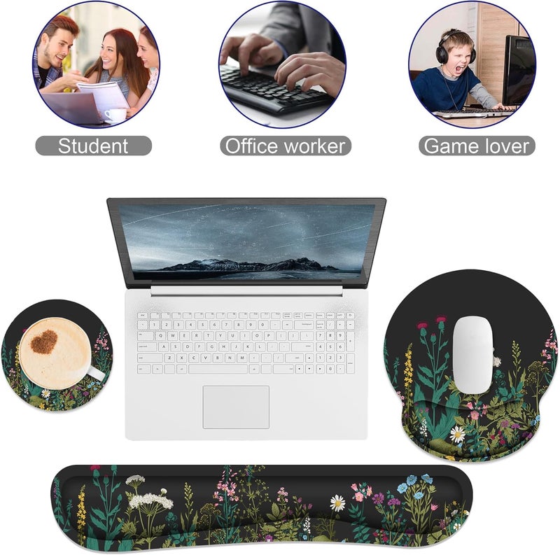 JIGOO Ergonomic Mouse Pad with Wrist Rest and Keyboard Wrist Rest, Memory Foam Wrist Rest for Computer Keyboard, Easy Typing, Pain Relief, Mouse Pad Wrist Support for Gaming,Office, Laptop, Black Flower - Image 4